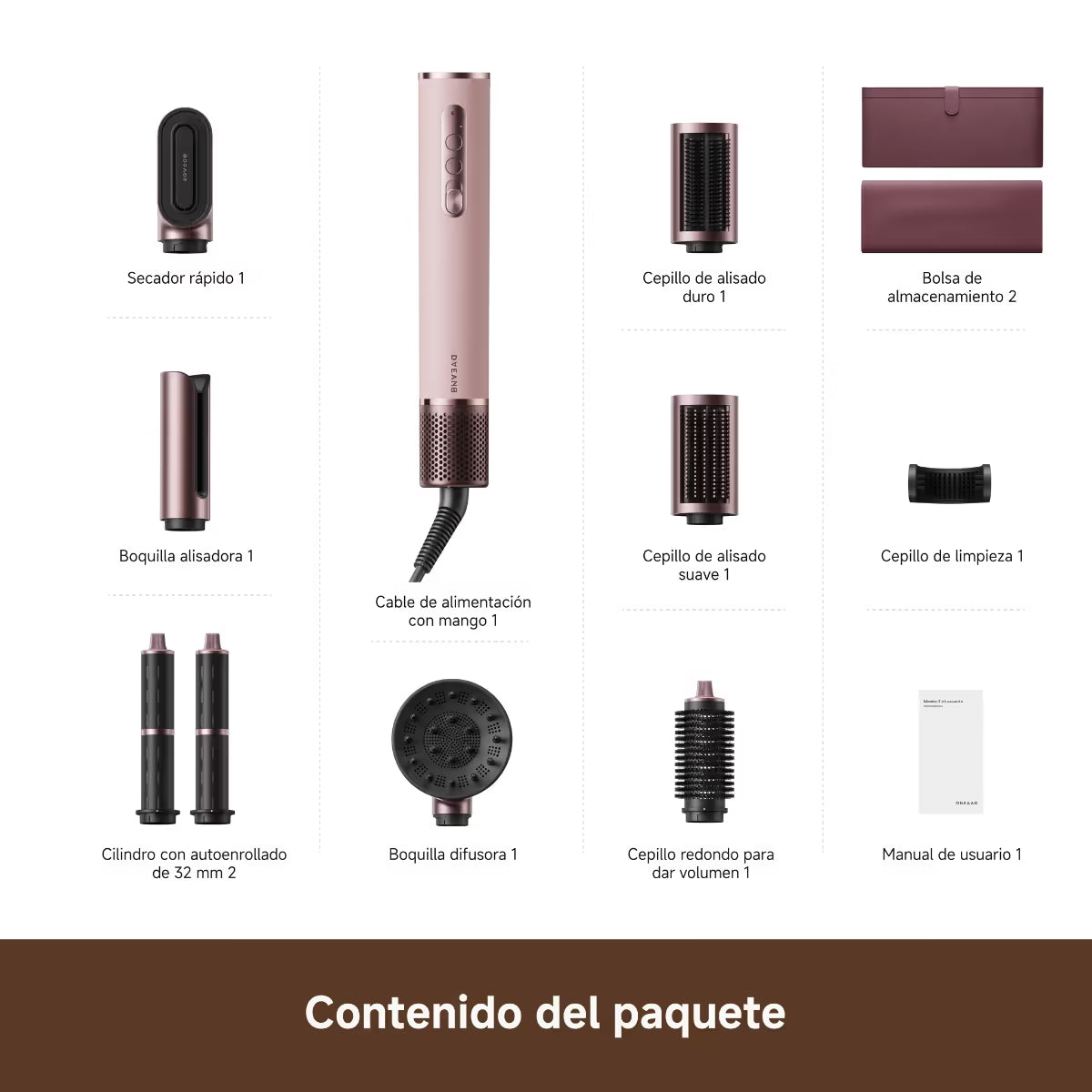 Contenido del paquete Dreame AirStyle Pro HI: mango, 8 accesorios, bolsa de almacenamiento y manual de usuario - Ferretería La Palma - 1850006