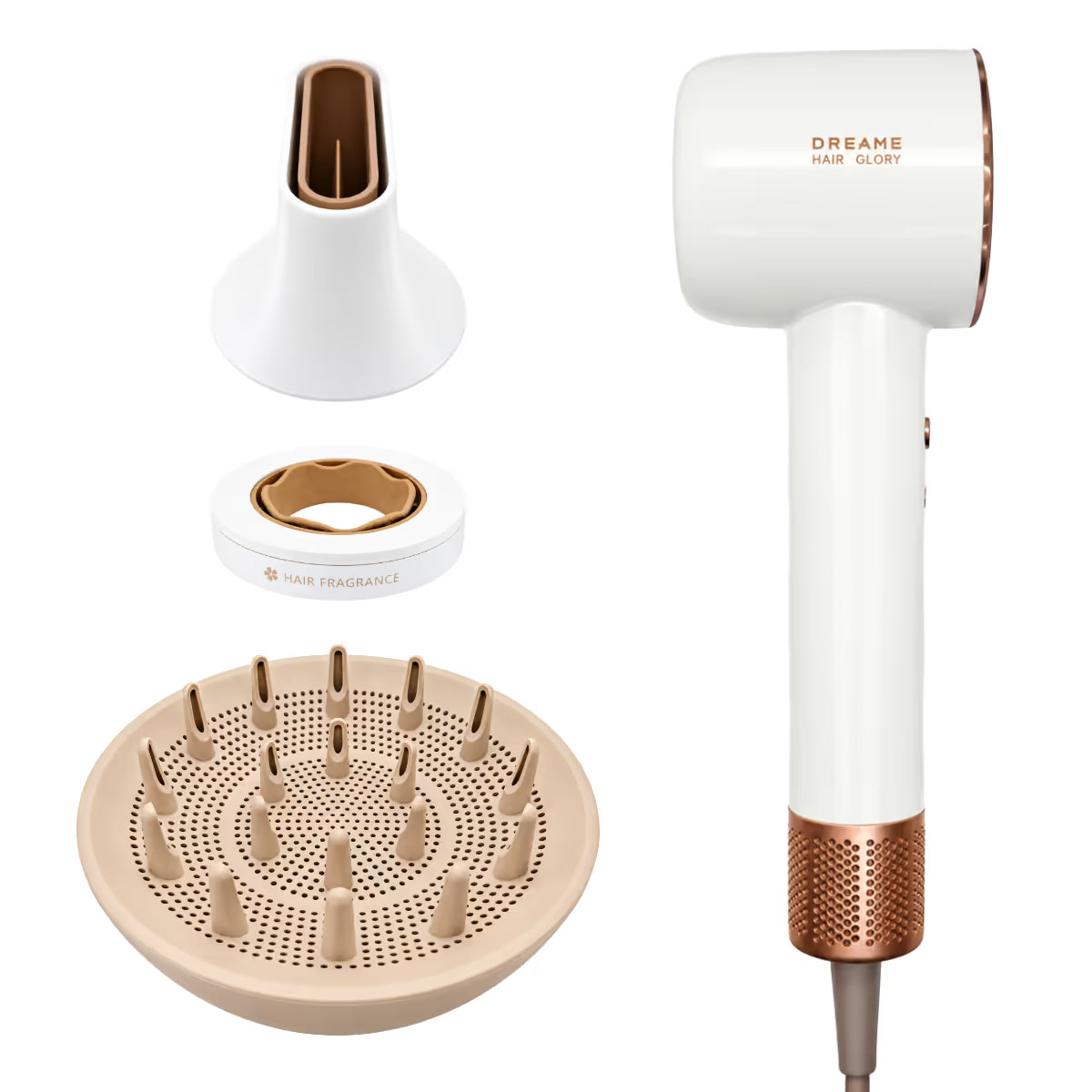 Secador de pelo Dreame Hair Glory AHG20W blanco y dorado con boquilla alisadora, boquilla difusora y anillo de fragancia - Ferretería La Palma - 1850014