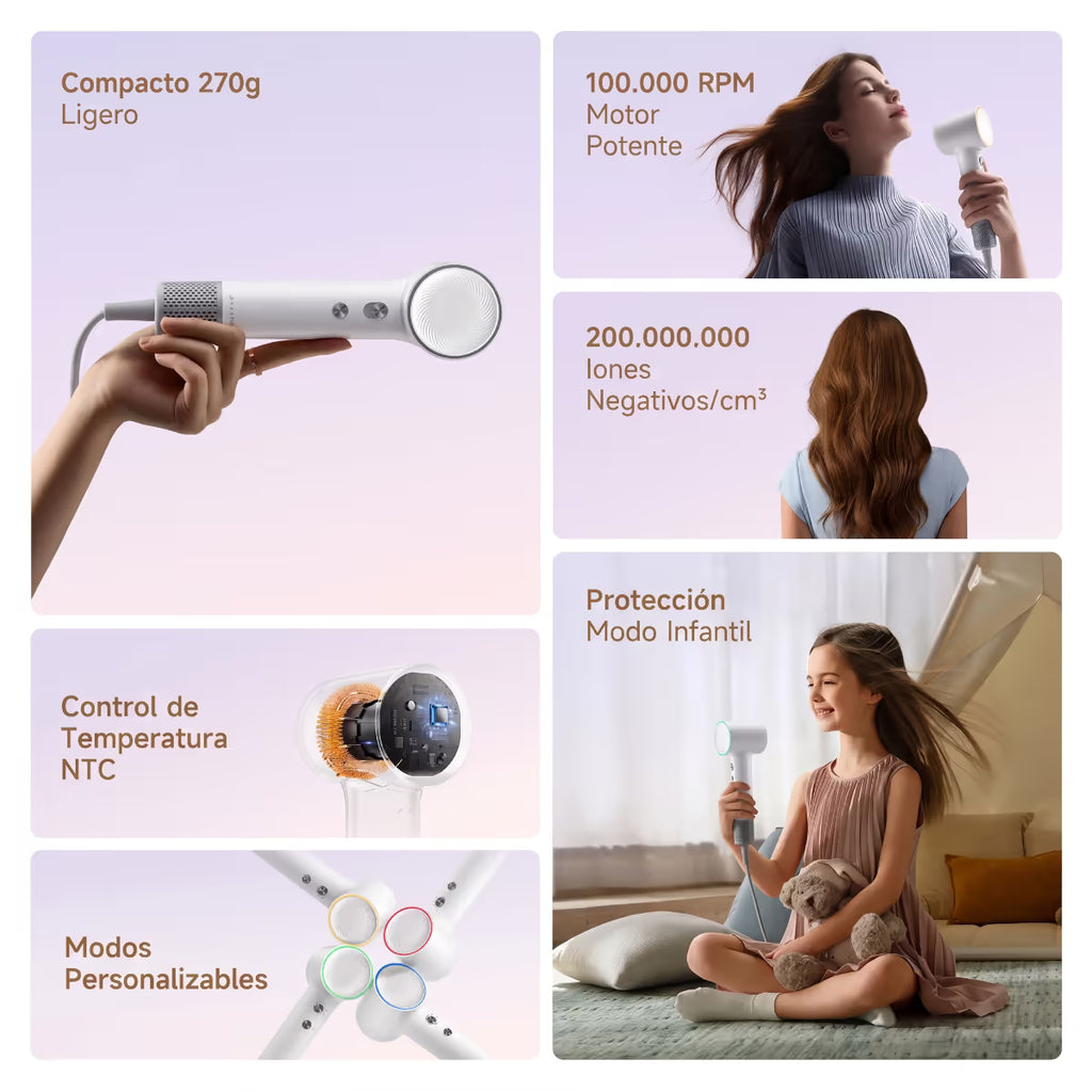 Infografía de la secadora Dreame Mini: 270 g, motor de 100,000 RPM, iones negativos, control NTC y modo infantil - Ferretería La Palma - 1850167