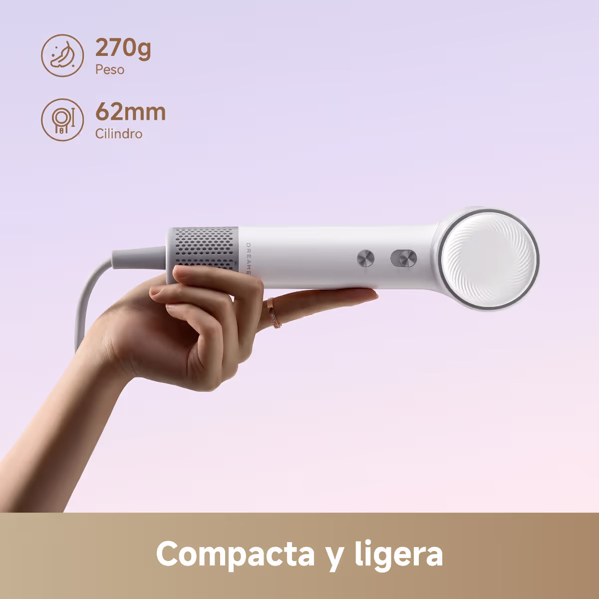 Secadora de cabello Dreame Mini sostenida con una mano, compacta y ligera de 270 g con cilindro de 62 mm - Ferretería La Palma - 1850167