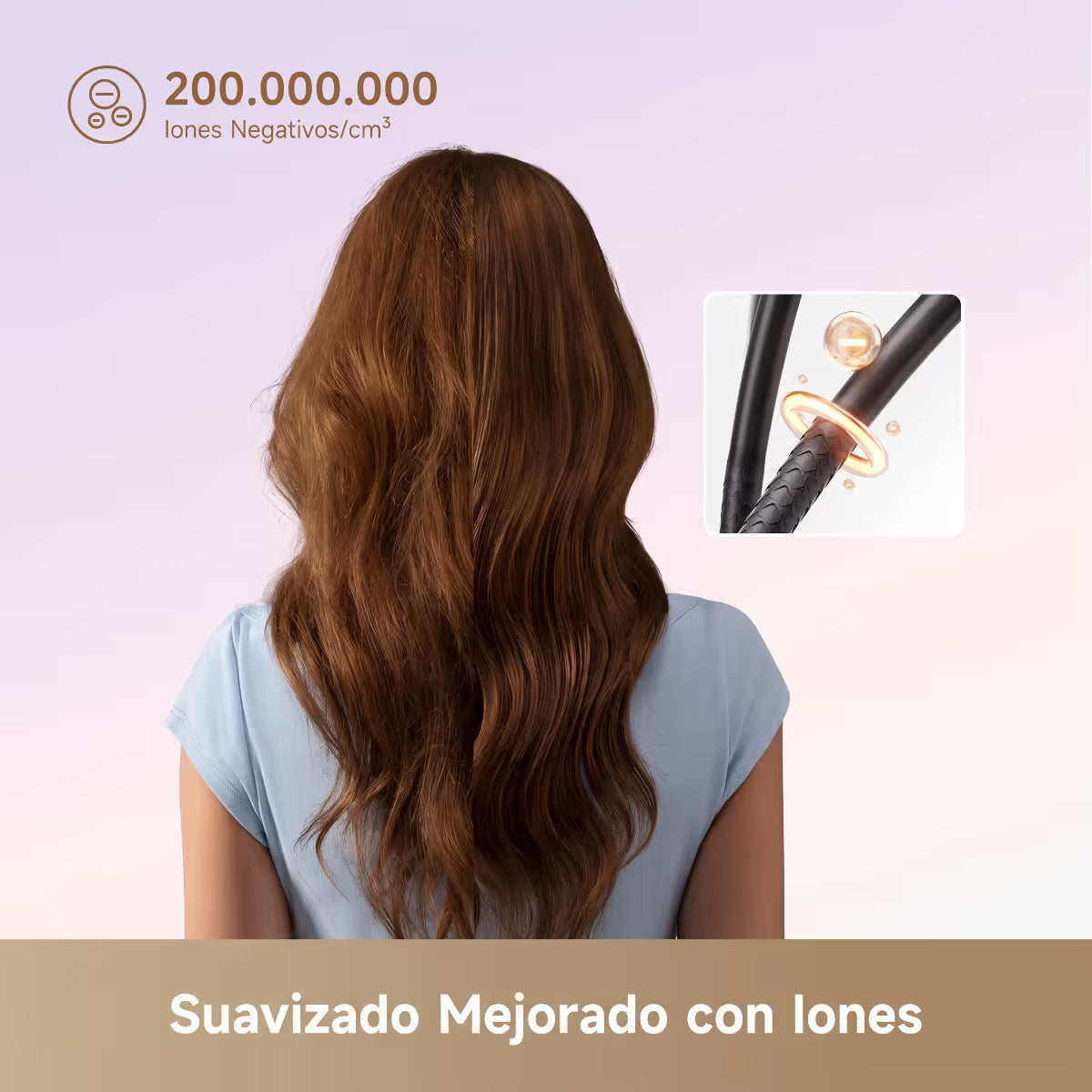 Cabello castaño ondulado más suave y brillante gracias a 200,000,000 de iones negativos de la secadora Dreame Mini - Ferretería La Palma - 1850167