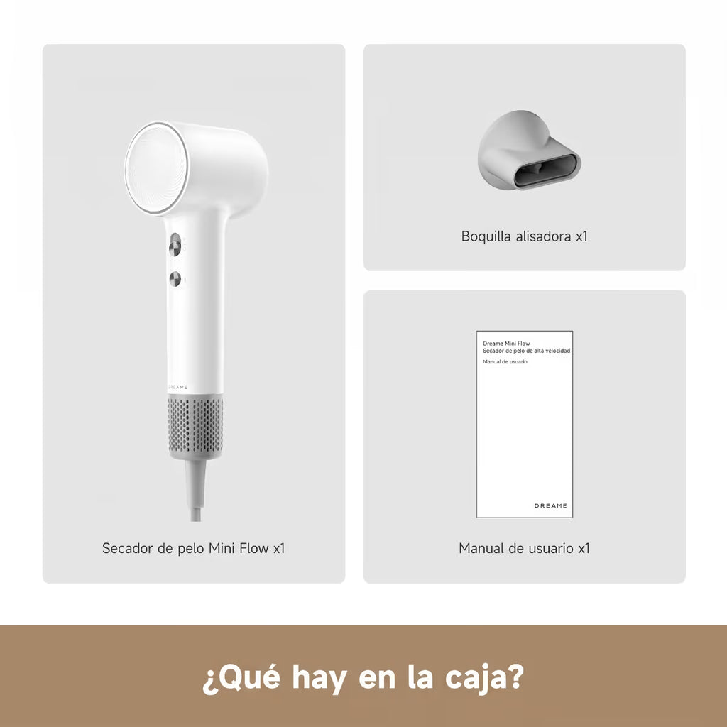 Contenido de la caja: secadora de pelo Dreame Mini Flow blanca, boquilla alisadora y manual de usuario - Ferretería La Palma - 1850167