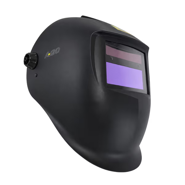Casco de soldar ESAB A20 vista lateral, careta fotosensible con filtro DIN 9-13 y perilla de ajuste sobre un fondo transparente - Ferretería La Palma - 1440026