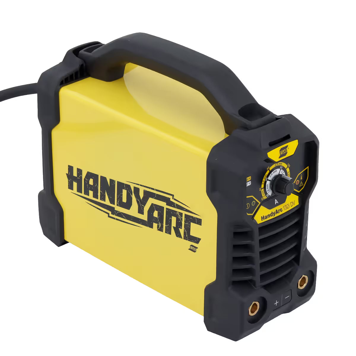 Soldadora inversora portátil ESAB HandyArc 132i DV en amarillo con perilla selectora de amperaje y agarradera negra - Ferretería La Palma - 1430038