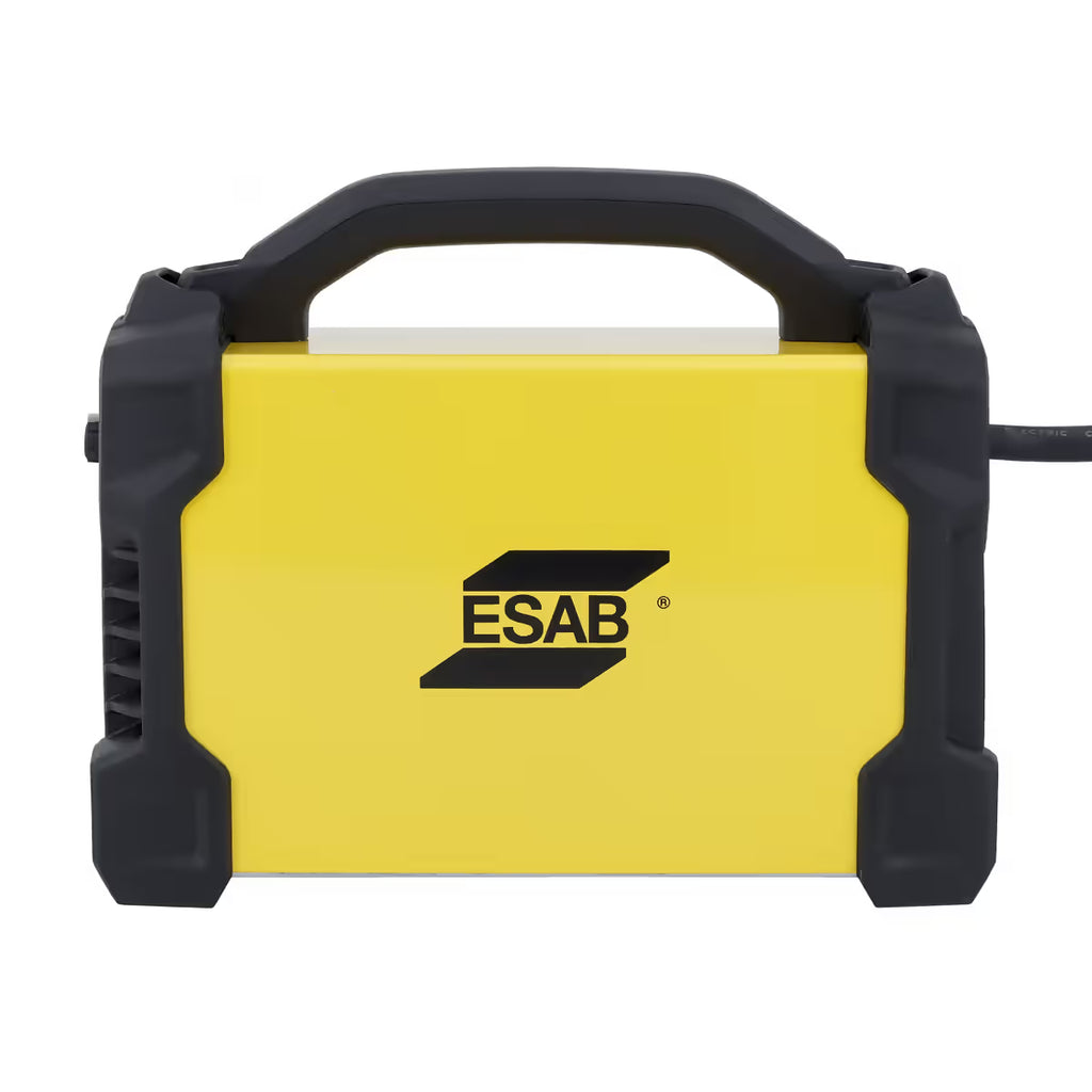 Vista lateral de soldadora ESAB HandyArc 132i DV con logotipo de marca, agarradera y esquineras protectoras en negro - Ferretería La Palma - 1430038