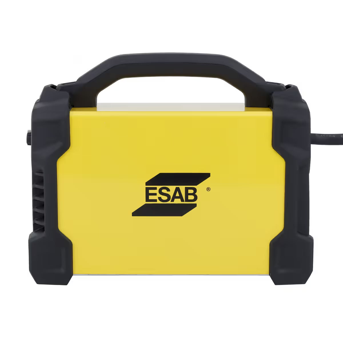 Vista lateral de soldadora ESAB HandyArc 132i DV con logotipo de marca, agarradera y esquineras protectoras en negro - Ferretería La Palma - 1430038