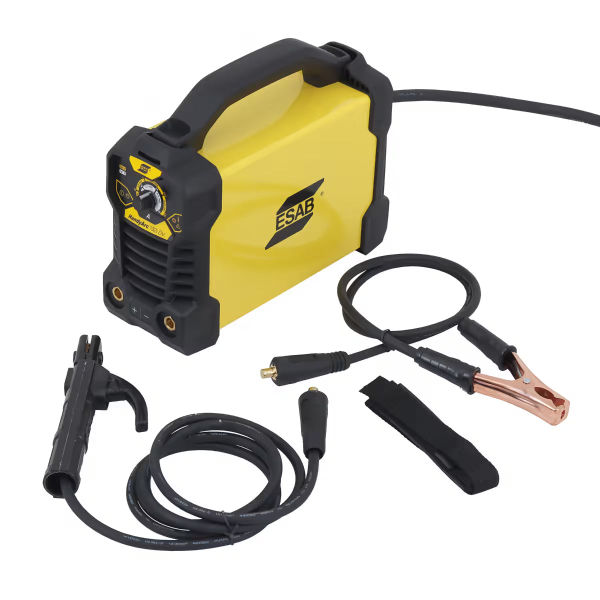 Kit incluido de soldadora ESAB HandyArc 132i DV con porta electrodo, cable a tierra con pinza de cocodrilo y correa - Ferretería La Palma - 1430038