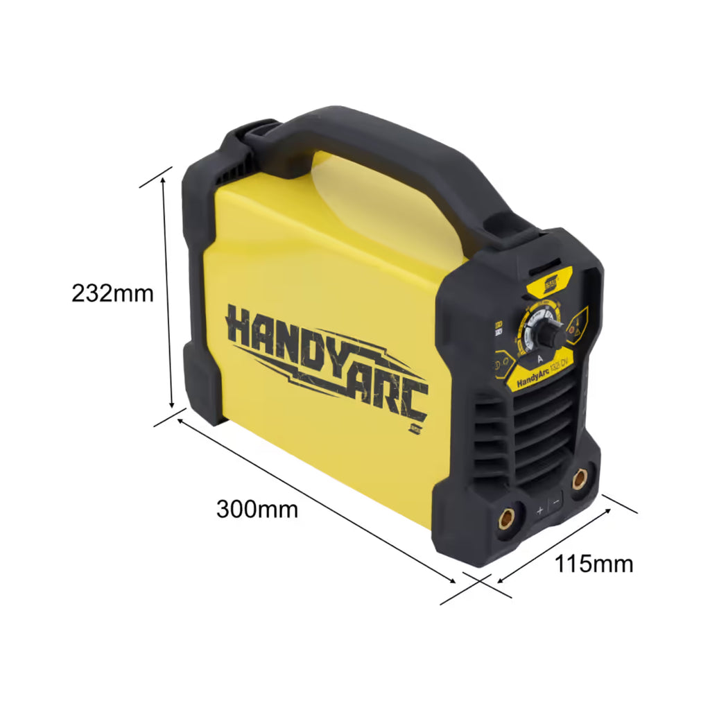 Dimensiones de soldadora ESAB HandyArc 132i DV, medidas 300x115x232mm de largo, ancho y alto - Ferretería La Palma - 1430038