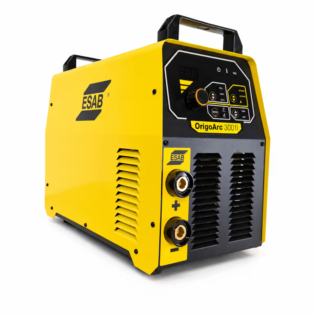 Soldadora inversor ESAB Origo Arc 3001i, vista frontal con panel de control digital y conectores de electrodo - Ferretería La Palma - 1430043