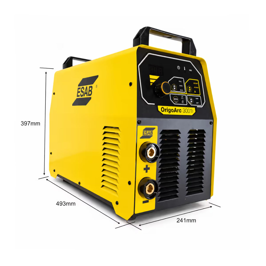 Dimensiones de la soldadora ESAB Origo Arc 3001i: 493 x 241 x 397 mm, compacta y portátil - Ferretería La Palma - 1430043