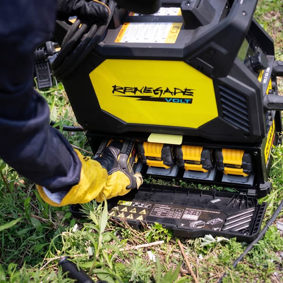 Soldador insertando baterías DEWALT FLEXVOLT en compartimento de soldadora ESAB Renegade VOLT ES200i en campo - Ferretería La Palma - 1430058