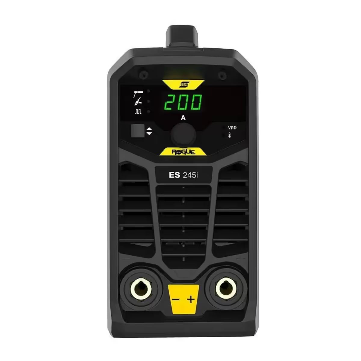 Vista frontal de soldadora ESAB Rogue ES245i con pantalla de amperaje, perilla de ajuste y terminales de conexión positivo y negativo - Ferretería La Palma - 1430085