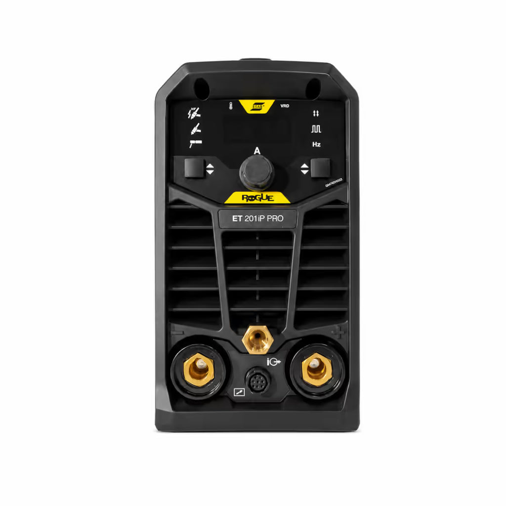 Vista frontal de soldadora ESAB Rogue ET201iP PRO mostrando modos TIG y MMA, pantalla digital y salida de gas central - Ferretería La Palma - 1430095
