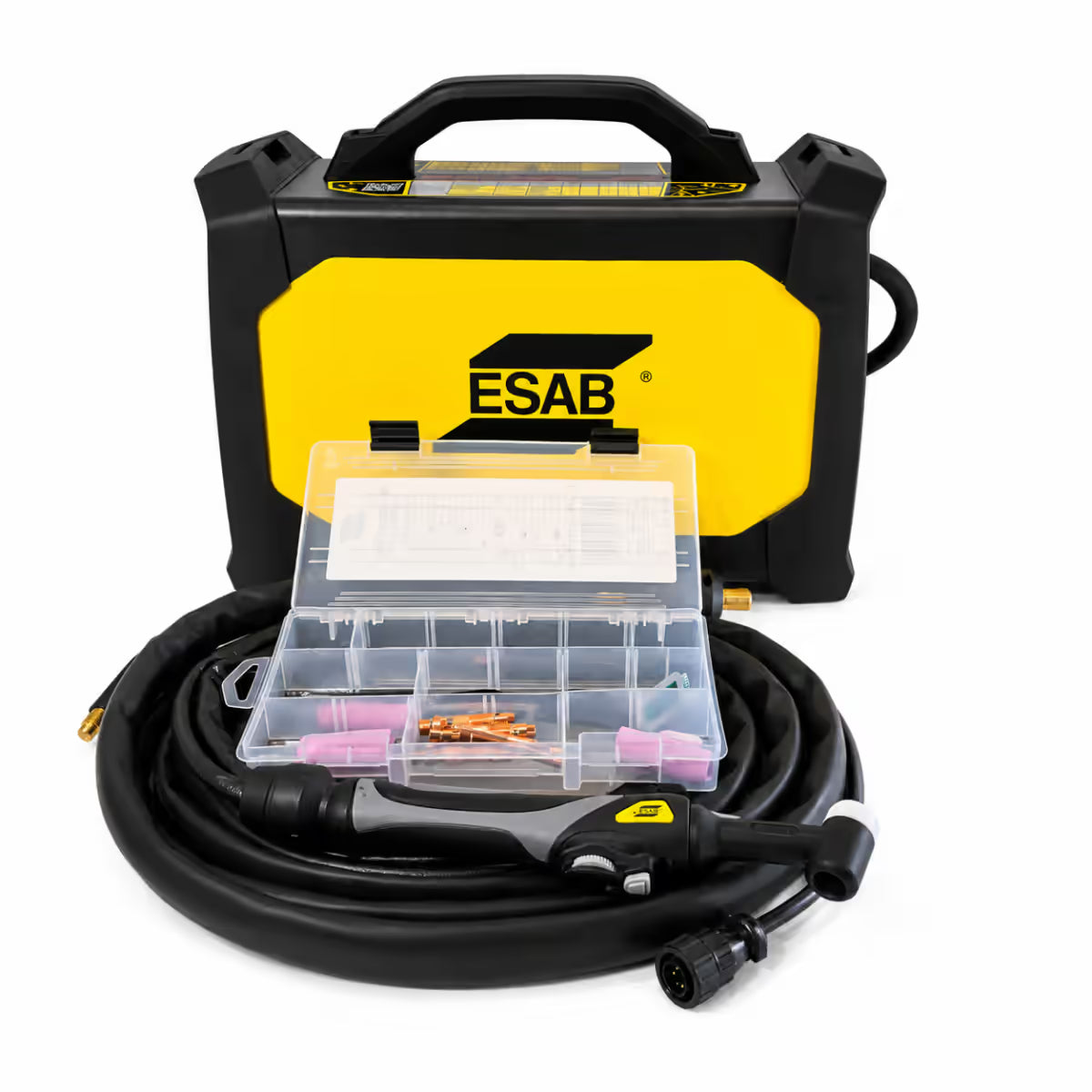 Antorcha TIG con caja de consumibles y electrodos de repuesto incluidos en kit soldadora ESAB Rogue ET201iP PRO - Ferretería La Palma - 1430095