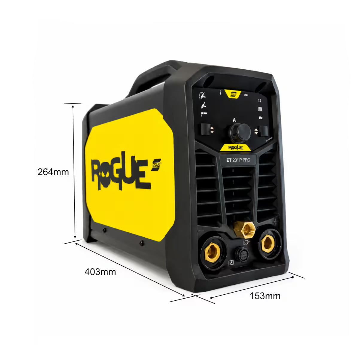 Dimensiones de soldadora ESAB Rogue ET201iP PRO, medidas 403x153x264mm de largo, ancho y alto - Ferretería La Palma - 1430095