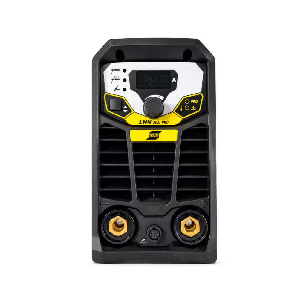 Vista frontal de soldadora ESAB Rogue LHN 202i PRO con panel blanco digital, botón VRD y terminales de conexión - Ferretería La Palma - 1430051