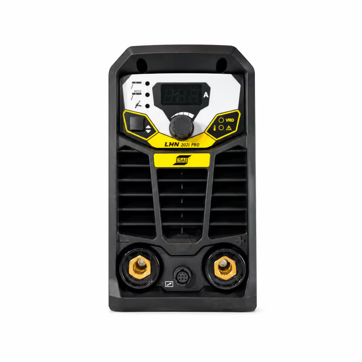 Vista frontal de soldadora ESAB Rogue LHN 202i PRO con panel blanco digital, botón VRD y terminales de conexión - Ferretería La Palma - 1430051