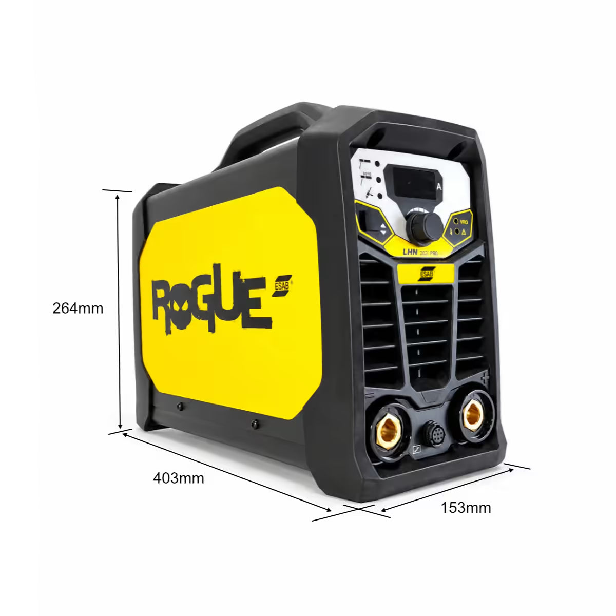 Dimensiones de soldadora ESAB Rogue LHN 202i PRO, medidas 403x153x264mm de largo, ancho y alto - Ferretería La Palma - 1430051