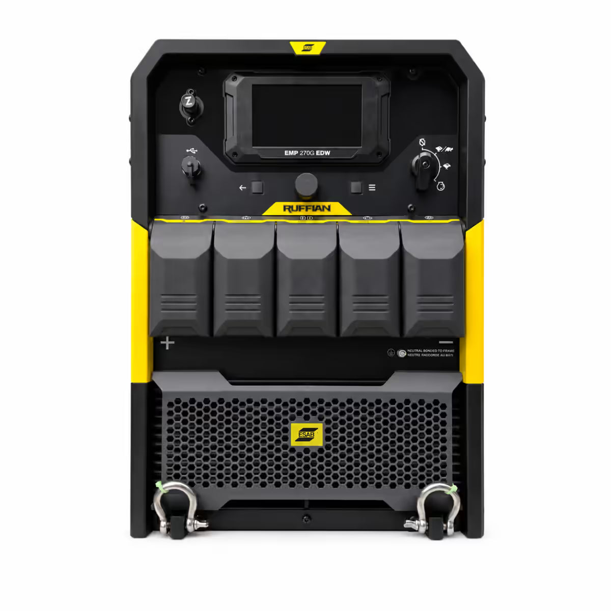 Panel de conexiones y receptáculos de la soldadora generador ESAB Ruffian EMP 270G EDW, vista frontal completa - Ferretería La Palma - 1430099