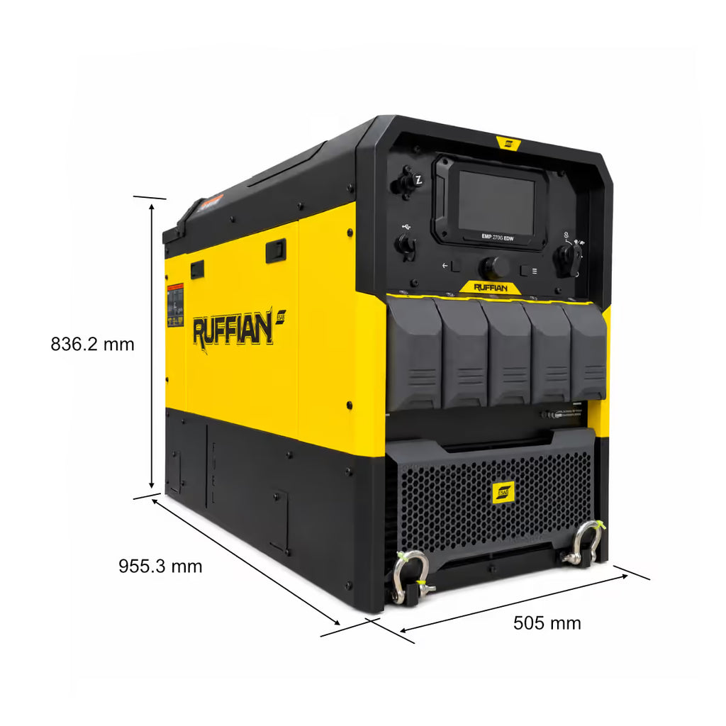 Dimensiones de la soldadora generador ESAB Ruffian EMP 270G EDW: 955.3 x 505 x 836.2 mm - Ferretería La Palma - 1430099