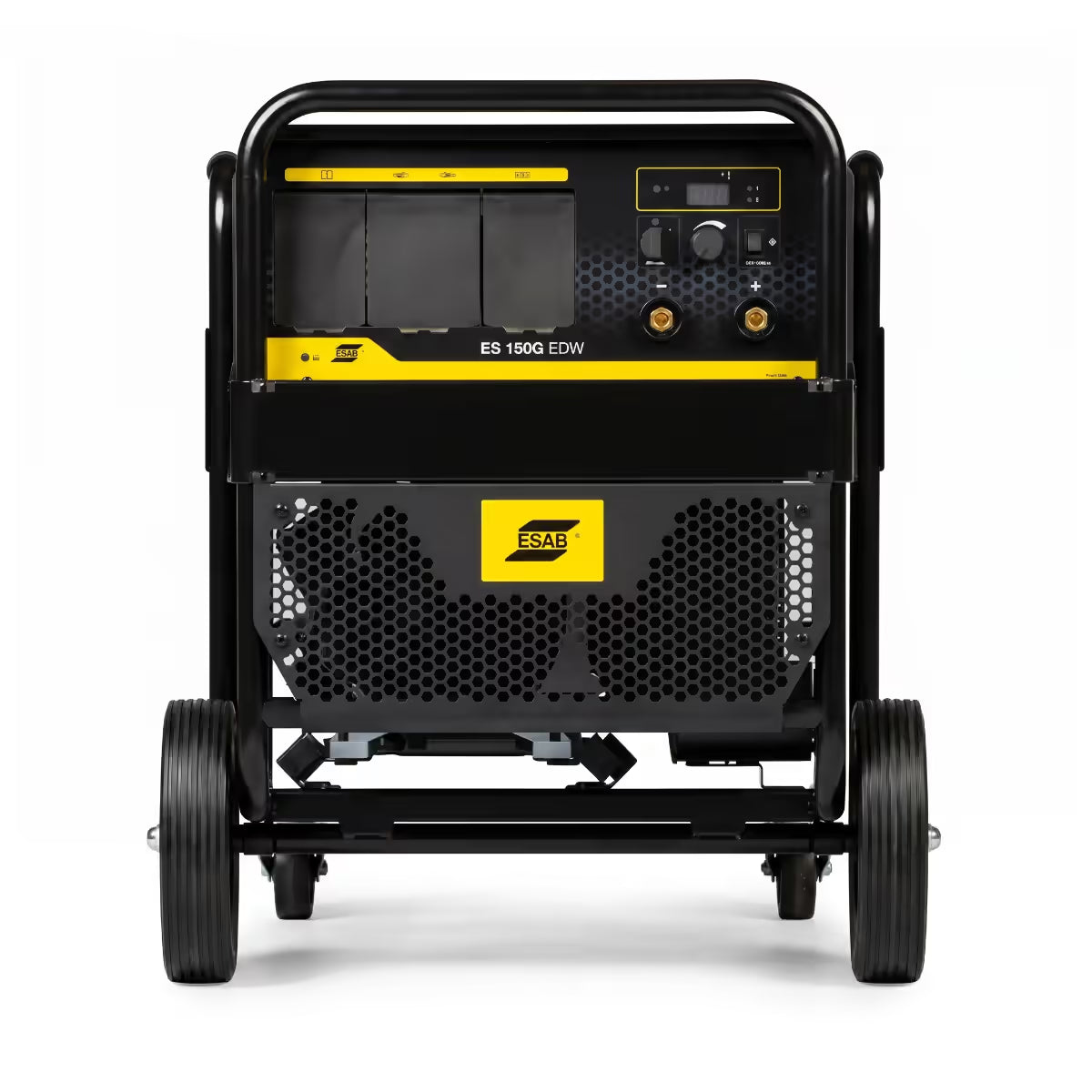 Vista frontal de soldadora generador ESAB Ruffian ES150G EDW con tomas eléctricas, pantalla digital y perilla de fuerza de arco - Ferretería La Palma - 1430055