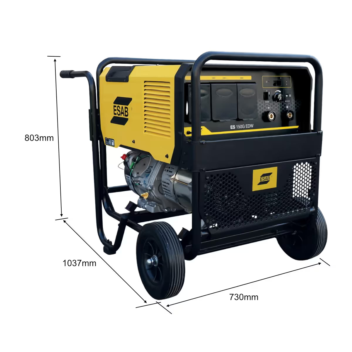 Dimensiones de soldadora generador ESAB Ruffian ES150G EDW, medidas 1037x730x803mm de largo, ancho y alto - Ferretería La Palma - 1430055