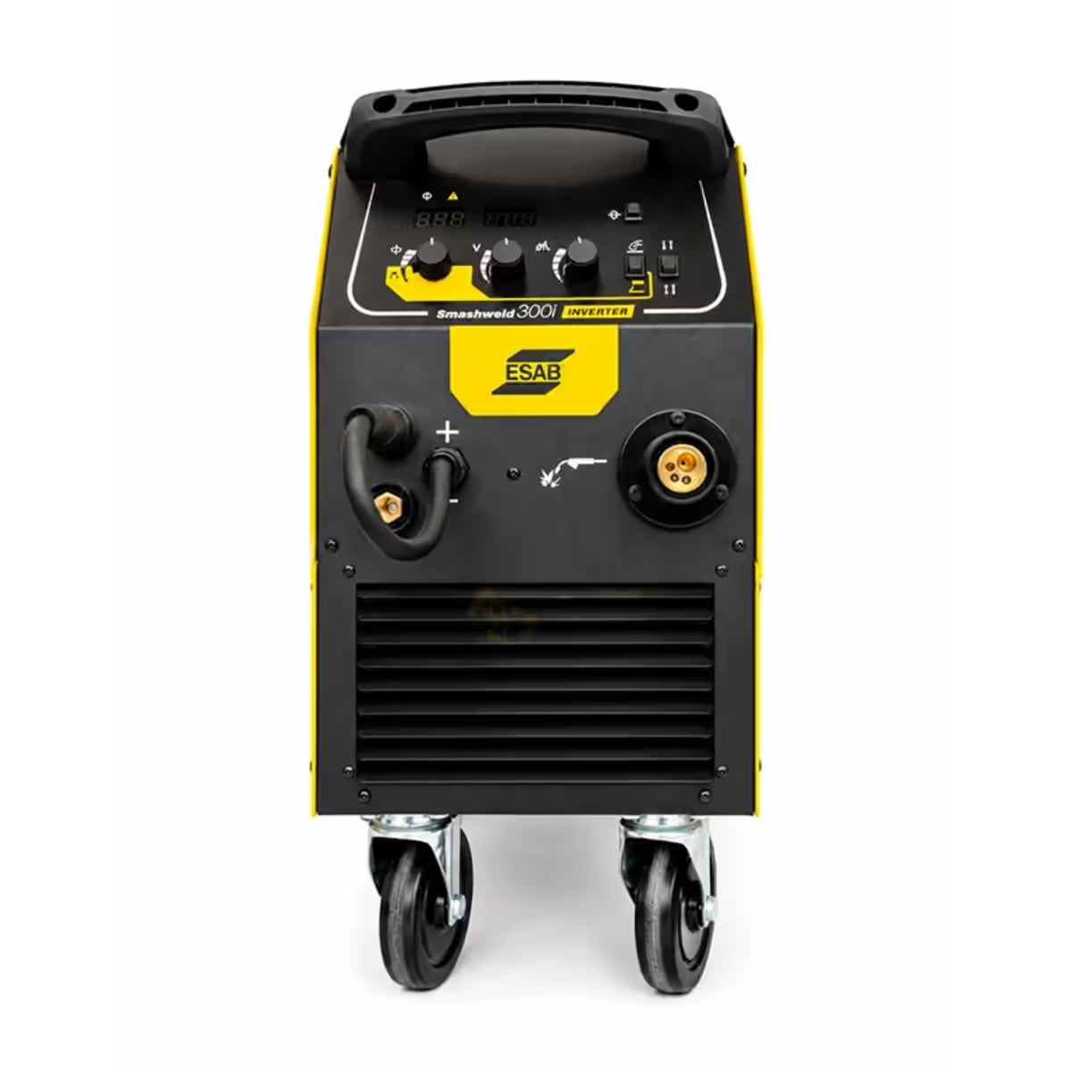 Vista frontal de soldadora ESAB Smashweld 300i con conector de antorcha MIG, terminales de polaridad y ruedas giratorias frontales - Ferretería La Palma - 1430028