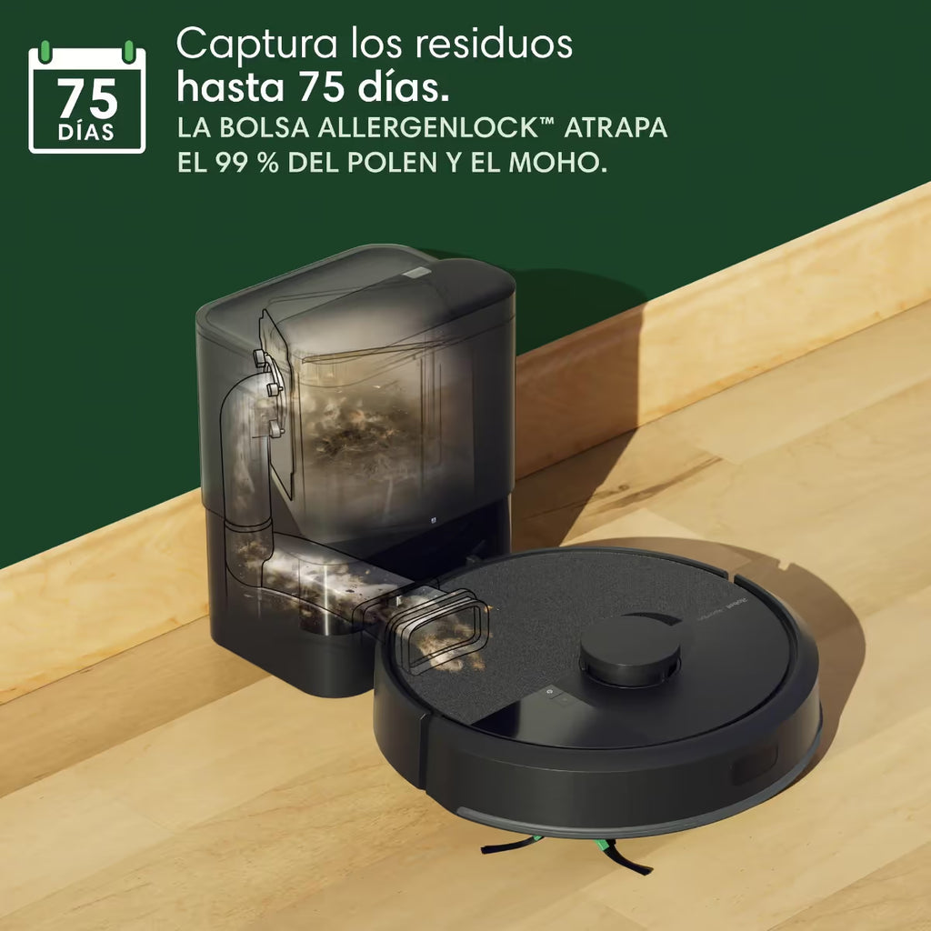 Roomba 105 Combo vaciando la suciedad en la base AutoEmpty con bolsa AllergenLock que atrapa el 99 % del polen y moho hasta 75 días - Ferretería La Palma - 1610207