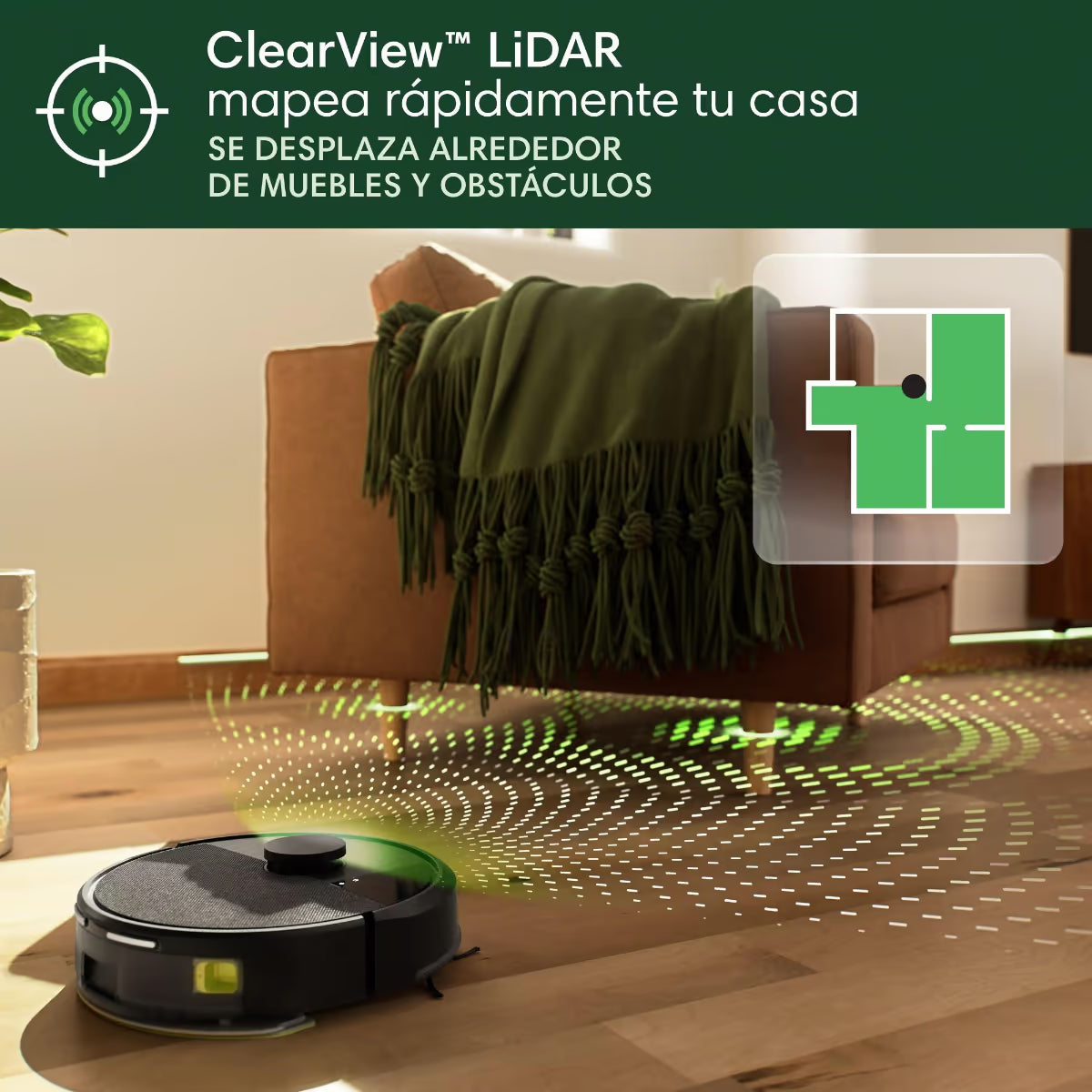Roomba 105 Combo con navegación LiDAR ClearView mapeando la sala y esquivando muebles y obstáculos sobre piso de madera - Ferretería La Palma - 1610207