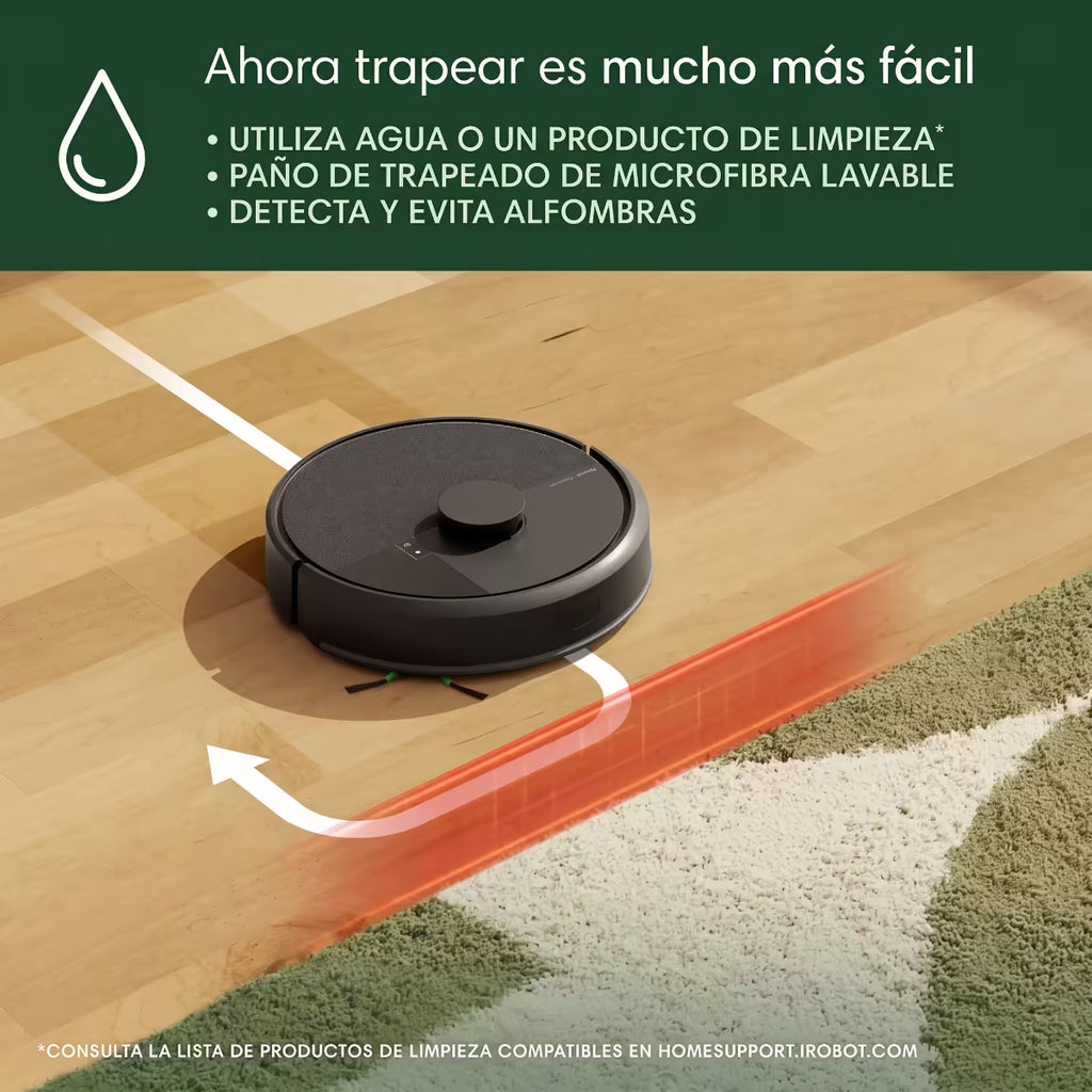 Roomba 105 Combo trapeando piso de madera con paño de microfibra lavable y evitando automáticamente la alfombra al detectarla - Ferretería La Palma - 1610207