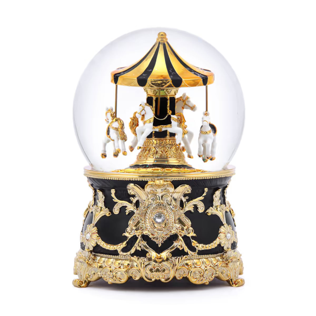 Vista frontal de la bola de nieve musical Jarll Carrusel Dorado con base ornamentada en negro y oro sobre fondo blanco - Ferretería La Palma - 1820000