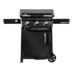 Vista frontal de la plancha asador a gas Napoleon Freestyle 24 con acabado negro, perillas de control y estantes laterales sobre fondo blanco - Ferretería La Palma - 1890000