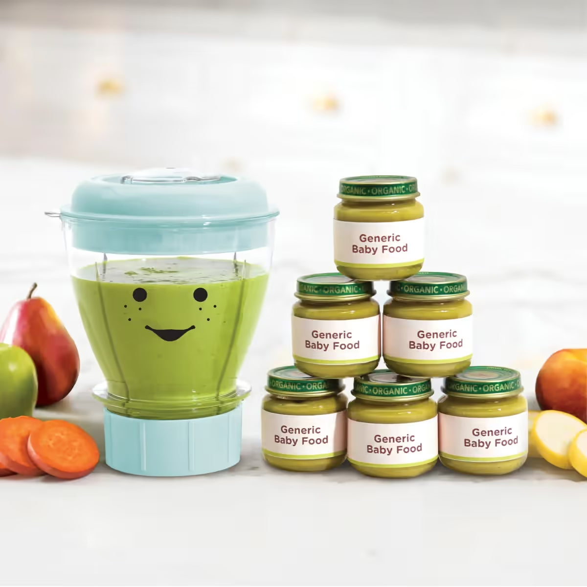 Procesador Nutribullet Baby de 200W con puré verde al lado de una pirámide de seis frascos de comida para bebé - Ferretería La Palma - 1690012
