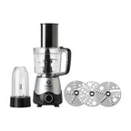 Vista frontal del sistema de cocina Magic Bullet Kitchen Express 3-en-1 mostrando su base de motor con el tazón de procesamiento, un vaso de licuadora y tres discos de corte de acero inoxidable - Almacén La Palma - 1690009