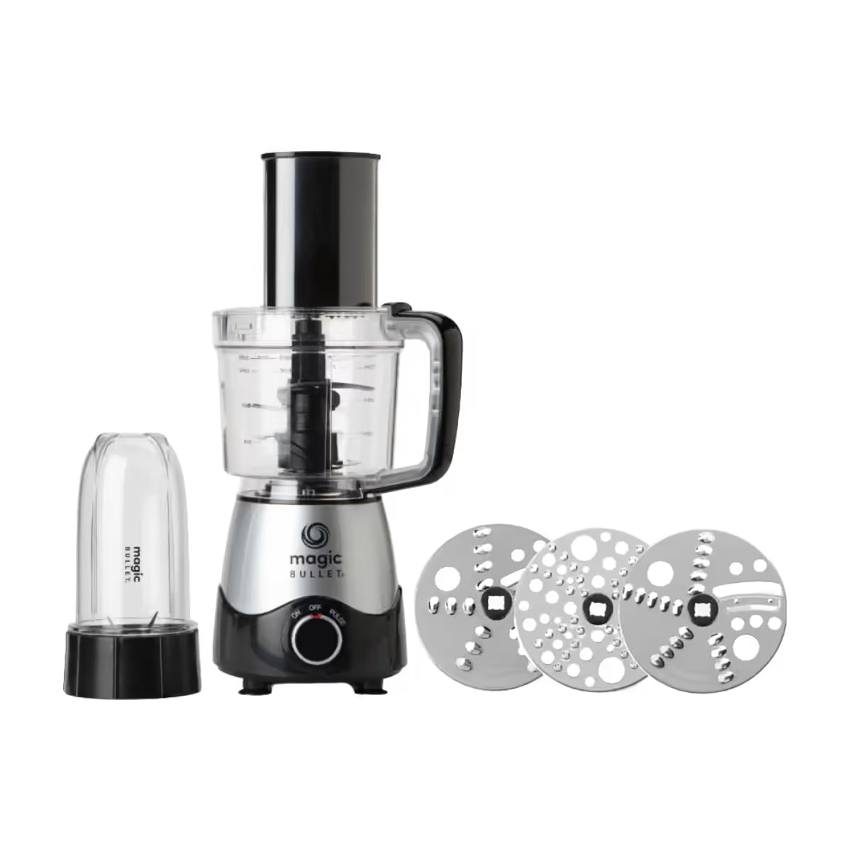 Vista frontal del sistema de cocina Magic Bullet Kitchen Express 3-en-1 mostrando su base de motor con el tazón de procesamiento, un vaso de licuadora y tres discos de corte de acero inoxidable - Almacén La Palma - 1690009