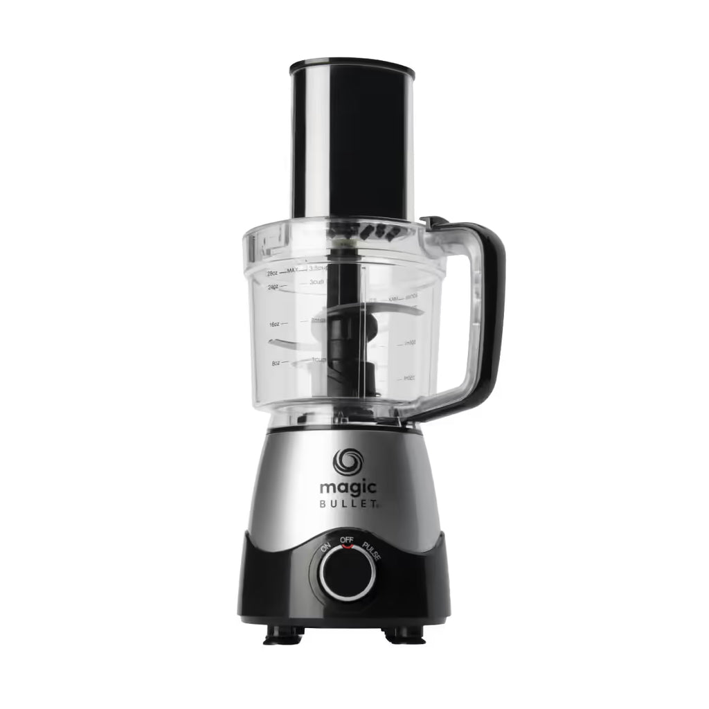 Vista frontal de la base de motor del sistema de cocina Magic Bullet Kitchen Express 3-en-1 ensamblada únicamente con su tazón de procesamiento de alimentos vacío - Almacén La Palma - 1690009