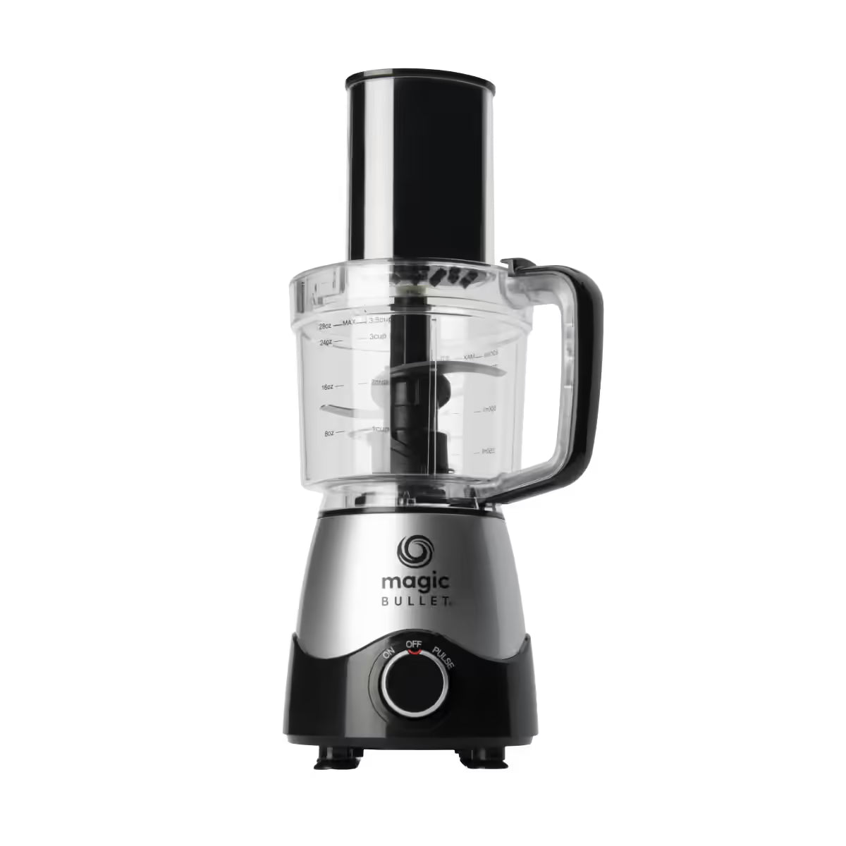 Vista frontal de la base de motor del sistema de cocina Magic Bullet Kitchen Express 3-en-1 ensamblada únicamente con su tazón de procesamiento de alimentos vacío - Almacén La Palma - 1690009