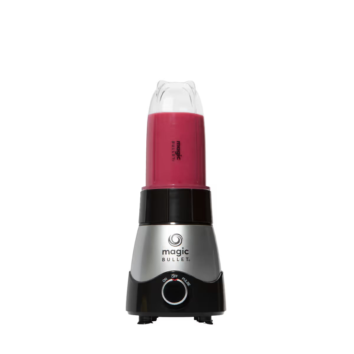 Vista frontal de la base de motor del sistema de cocina Magic Bullet Kitchen Express 3-en-1 ensamblada con su vaso de licuadora conteniendo un batido de frutos del bosque - Almacén La Palma - 1690009
