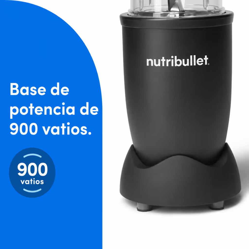 Vista en detalle de la base de potencia de 900 vatios de la licuadora personal Nutribullet Pro, junto a un diseño de fondo azul con texto informativo - Almacén La Palma - 1690015