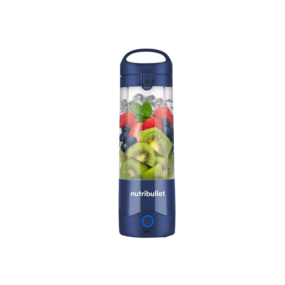 Vista frontal de la licuadora portátil Nutribullet Portable azul de 16oz con frutas en el vaso de Tritan y botón de encendido iluminado - Ferretería La Palma - 1690100