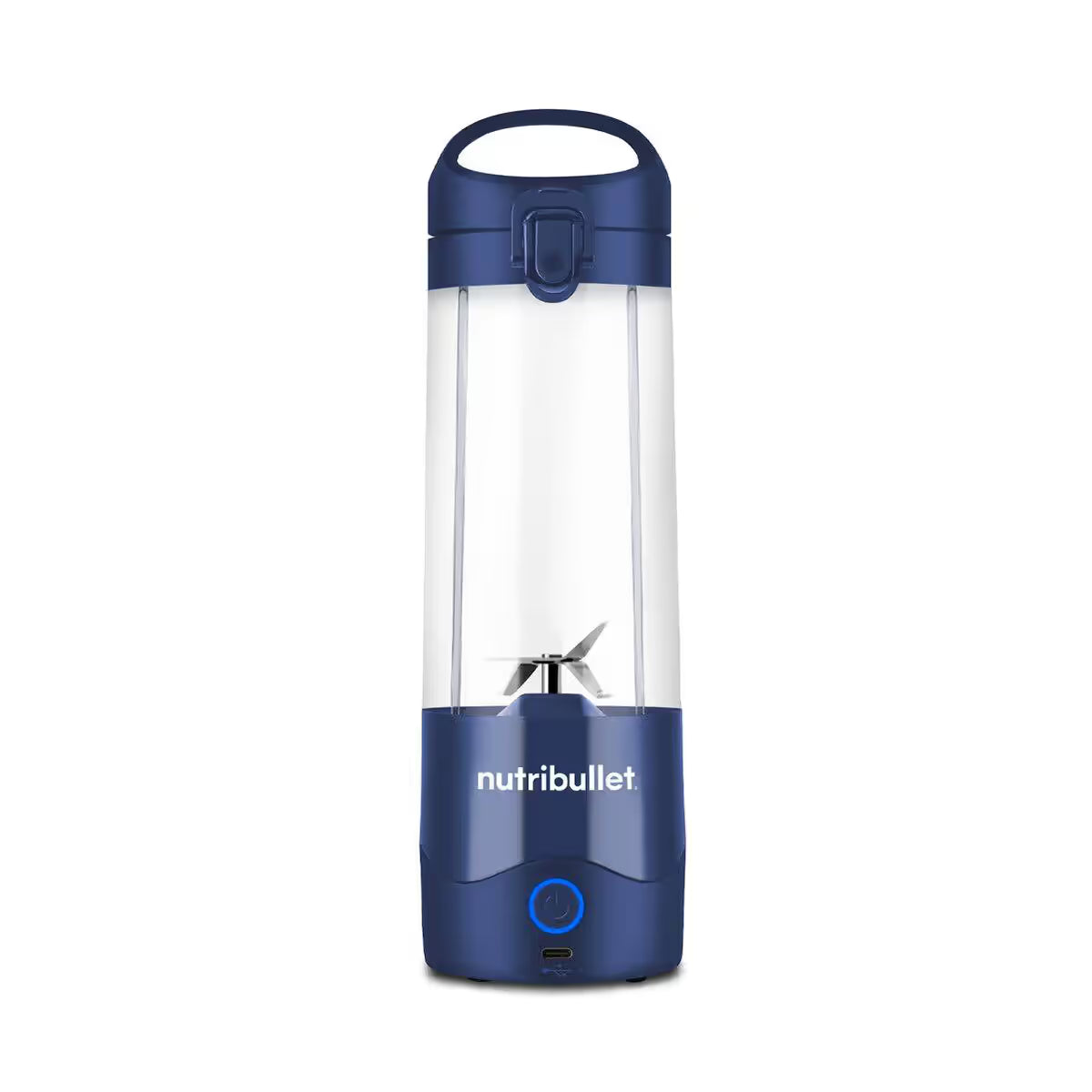 Vista frontal de la licuadora portátil Nutribullet Portable azul de 16oz vacía, mostrando las cuchillas de acero y el botón iluminado - Ferretería La Palma - 1690100