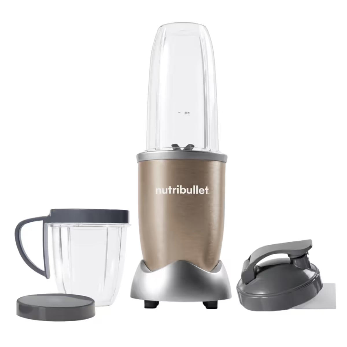 Licuadora personal Nutribullet Pro 900W en color champagne con vaso transparente acoplado y accesorios desmontados sobre fondo blanco - Ferretería La Palma - 1690013