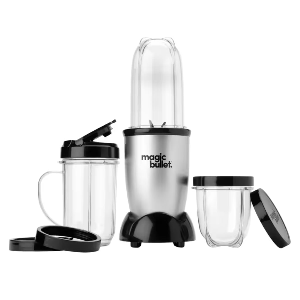Vista frontal de la licuadora personal Magic Bullet Original de 250W con sus tres vasos intercambiables, tapas portátiles y anillos de comodidad - Almacén La Palma - 1690001