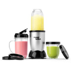 Vista frontal de la licuadora personal Magic Bullet Original de 250W con diferentes batidos en sus tres vasos intercambiables, tapas portátiles y anillos de comodidad - Almacén La Palma - 1690001