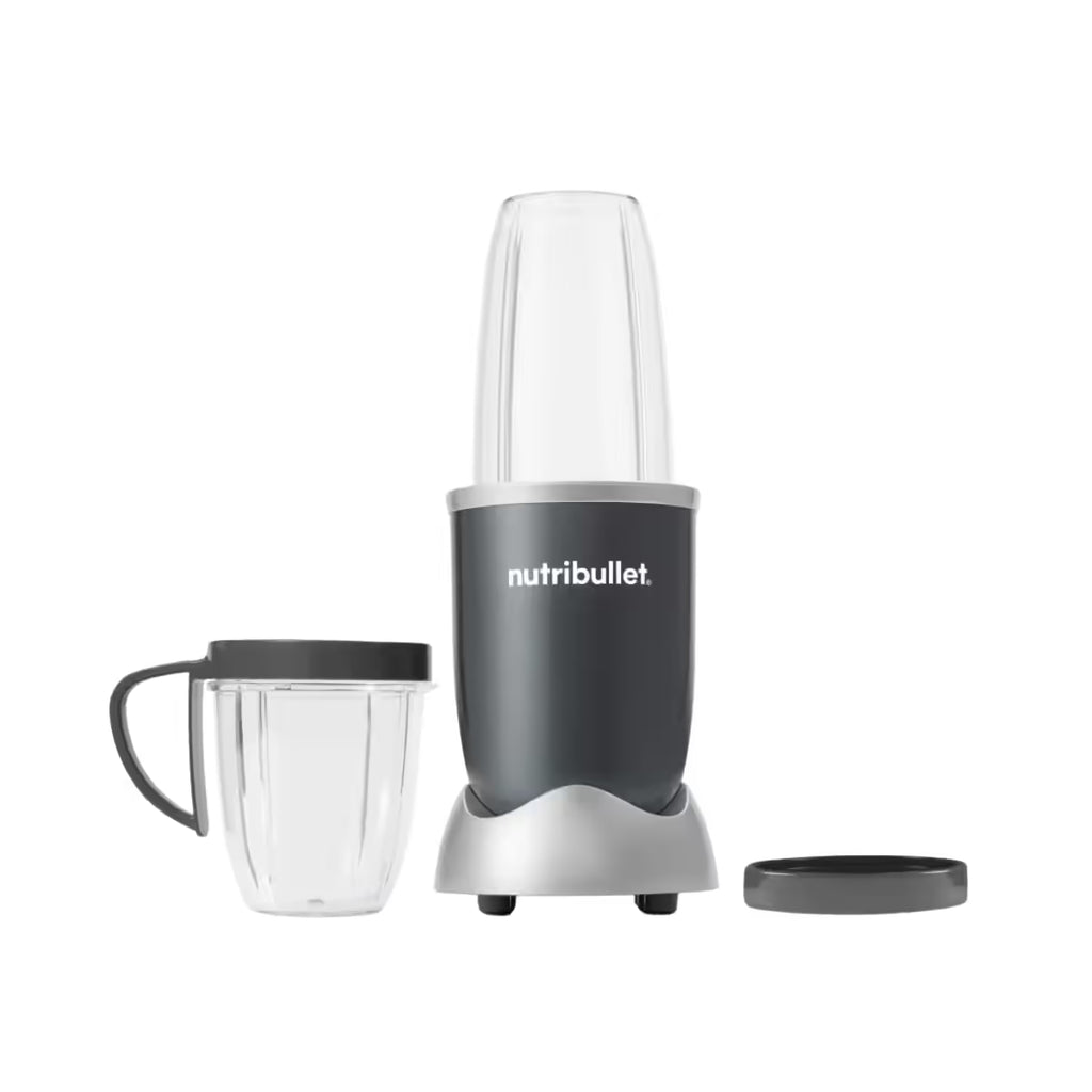 Vista frontal de la licuadora personal Nutribullet Original de 600W con sus dos vasos intercambiables, tapa con asa y anillos de comodidad - Almacén La Palma - 1690000