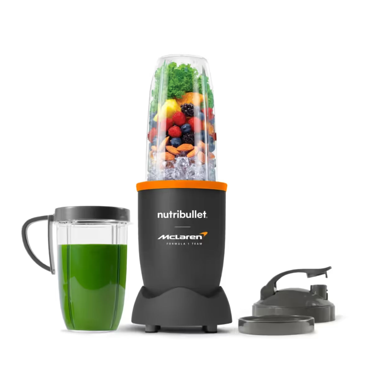 Licuadora personal Nutribullet Pro 900 edición McLaren F1 Team con vaso de frutas, batido verde con anillo con asa, tapa portátil y anillo de comodidad sobre fondo blanco - Ferretería La Palma - 1690779