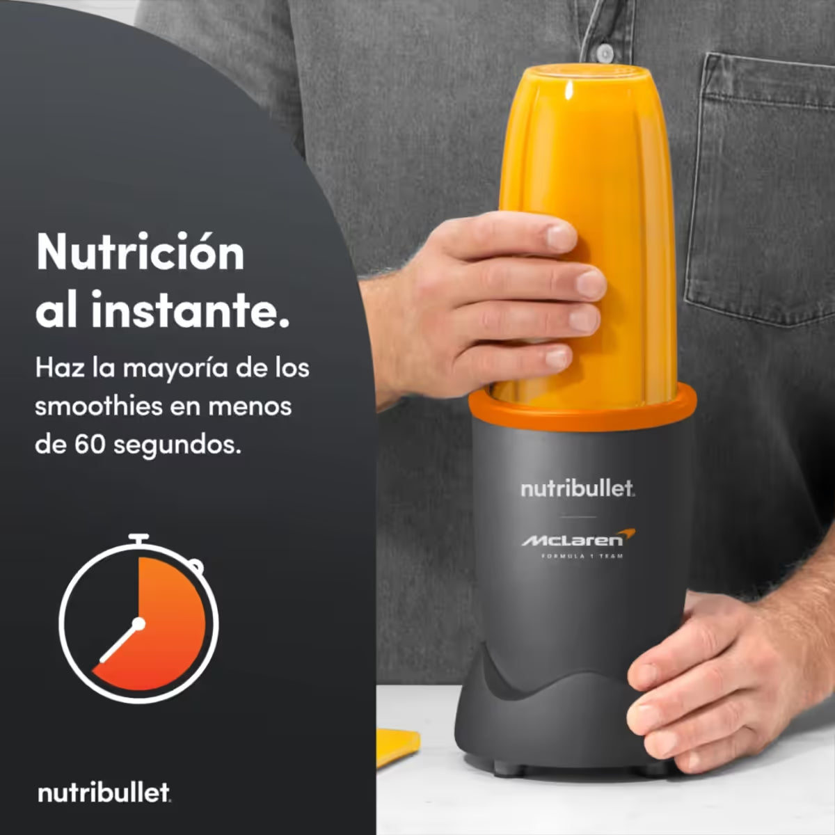 Infografía de la licuadora Nutribullet Pro 900 edición McLaren F1 Team mostrando su uso con las manos sobre el vaso e icono de cronómetro - Ferretería La Palma - 1690079