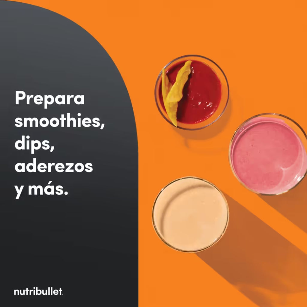 Infografía de Nutribullet mostrando una vista aérea de tres recipientes con smoothies, dips y aderezos sobre fondo naranja - Ferretería La Palma - 1690779