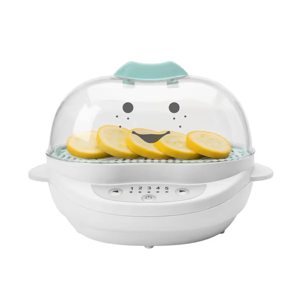 Vaporera y esterilizadora Nutribullet Turbo Baby de 900W con tapa transparente con diseño de carita sonriente y rebanadas de calabacín amarillo - Ferretería La Palma - 1690014