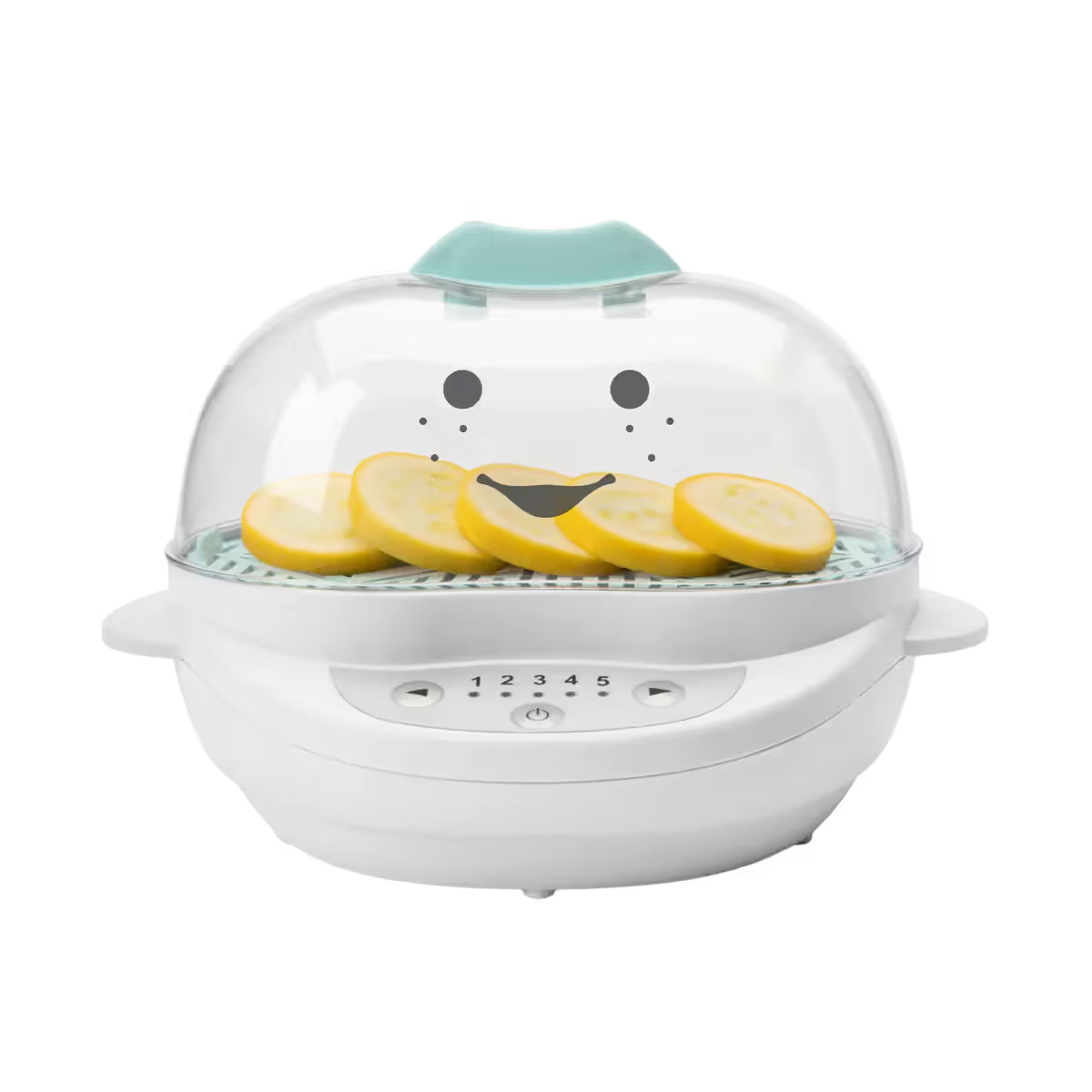 Vaporera y esterilizadora Nutribullet Turbo Baby de 900W con tapa transparente con diseño de carita sonriente y rebanadas de calabacín amarillo - Ferretería La Palma - 1690014